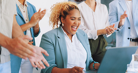 Image showing Applause, laptop and winning woman in office success, congratulations and celebration of company target sales. Winner, wow and clapping for worker, employees or people promotion, news or opportunity