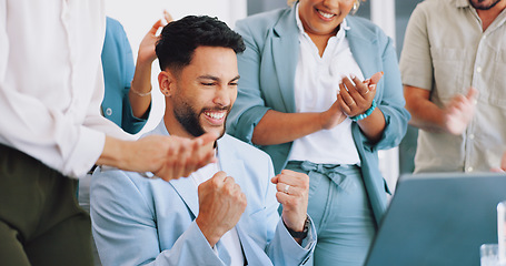 Image showing Business man, laptop and celebration applause for winning achievement with congratulations on success. Diversity men and women hands for achievement, development and sales target goal motivation