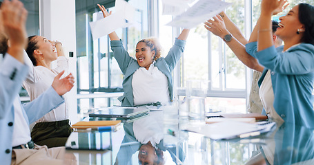 Image showing Business, celebration and team throw money in air for profit, bonus or success achievement. Diversity men and women in finance to applause goals, cash development and teamwork win in happy meeting