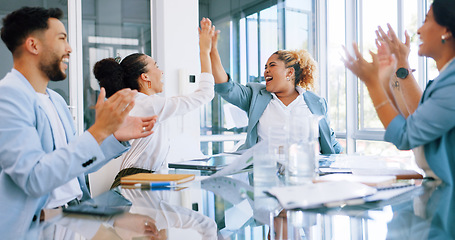 Image showing Success celebration, finance team and winning with documents or paper in air for success. Diversity men and women high five or applause target goals, profit development and teamwork in office meeting