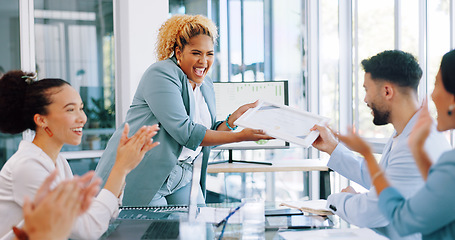 Image showing Business meeting, celebration and certificate reward for achievement with gratitude thank you. Diversity men and women appreciation applause for target, congratulations or winning promotion mockup