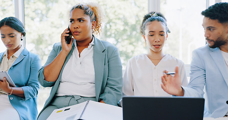 Image showing Recruitment, job interview and hiring waiting room with business people preparing for hr meeting. Queue, we are hiring or group sitting together at startup company for employment, job or opportunity