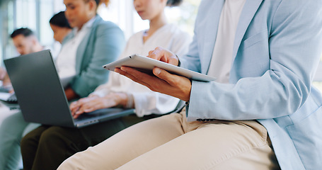 Image showing Tablet, resume or hiring and a business black woman waiting in line for her interview with human resources. Hands, we are hiring and recruitment with a female employee sitting in a row reading her cv