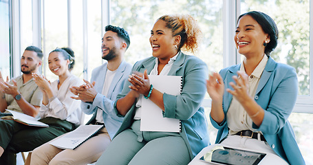 Image showing Business, team and applause for celebration, achievement and new project success in modern office. Teamwork, women and men clapping, smile and corporate deal with sales growth, staff and happiness