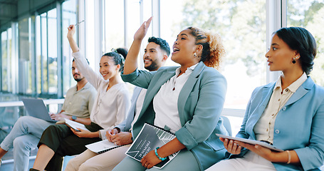 Image showing Interview, question and training with a business black woman raising her hand to answer during a meeting. Recruitment, human resources and hiring with a candidate group sitting in a row at an office