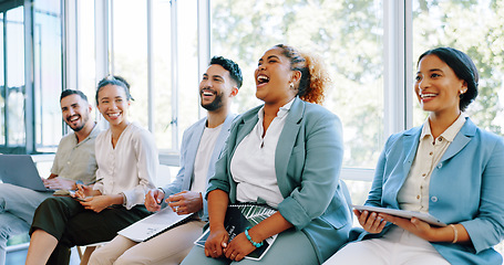 Image showing Interview, question and training with a business black woman raising her hand to answer during a meeting. Recruitment, human resources and hiring with a candidate group sitting in a row at an office