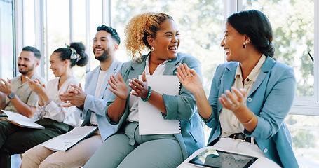 Image showing Business, team and applause for celebration, achievement and new project success in modern office. Teamwork, women and men clapping, smile and corporate deal with sales growth, staff and happiness