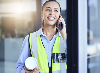 Image showing Architect, phone call and a woman with plan in office for project management. Engineer, construction or safety worker talking to investor planning building development or vision with communication