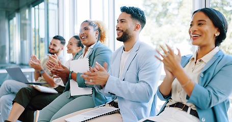 Image showing Applause, business people and smile in conference, workshop and motivation in convention room. Happy workers clapping hands in seminar of success, goals and team inspiration in presentation meeting