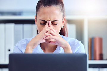 Image showing Business woman, stress and depression while tired and depressed with office burnout. Professional entrepreneur person at workplace with fatigue, mental health and anxiety while working with 404 error