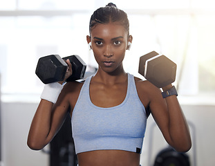 Image showing Woman, fitness and weightlifting dumbbells at gym for intense exercise, workout or strength training. Serious female lifting weights and exercising for healthy wellness or bodybuilding at health club