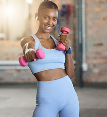 Image showing Woman, fitness and portrait smile with dumbbells for weightlifting exercise, workout or strength training at gym. Happy female smiling for lightweights, exercising or healthy wellness at health club