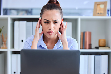 Image showing Business woman, laptop and headache or stress while tired and depressed with burnout. Professional entrepreneur person at workplace exhausted with fatigue and mental health working with 404 error