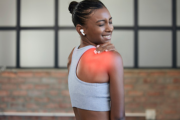 Image showing Fitness, injury or woman with back pain at gym after exercising, body training accident in workout. Emergency, red glow or injured Indian girl suffering from muscle tendon after legs exercise in club