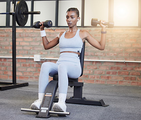 Image showing Woman, fitness and weightlifting dumbbells at gym for intense exercise, workout or strength training. Serious female lifting weights and exercising for healthy wellness or bodybuilding on bench