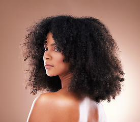 Image showing Natural hair, black woman with afro and beauty, haircare and cosmetics, face and skin on studio background. Female, cosmetic treatment with curly hairstyle, facial and texture, hygiene and grooming