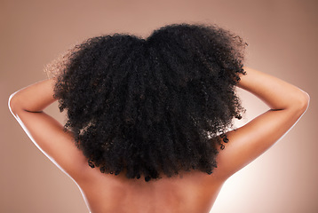 Image showing Hair, black woman with afro and beauty, haircare and natural cosmetics, back on studio background. Female, cosmetic treatment with curly hairstyle, rear view and texture, person arms with grooming