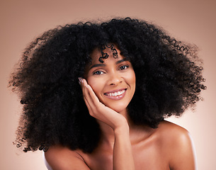 Image showing Afro, hair and portrait of black woman with smile on brown background for wellness, shine and natural glow. Beauty salon, luxury treatment and happy girl face for curly hairstyle, cosmetic and growth