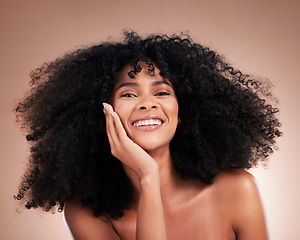 Image showing Beauty, hair and face portrait of black woman on brown background for wellness, shine and natural glow. Salon, luxury treatment and happy girl with curly hairstyle, texture and afro growth