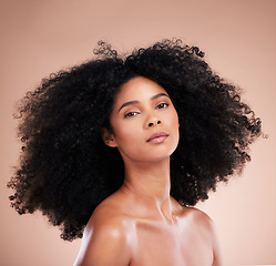 Image showing Black woman, portrait or afro hair on studio background for aesthetic empowerment, curly texture pride or skincare glow. Beauty model, face or natural hairstyle and makeup cosmetics on isolated wall