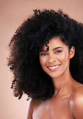 Image showing Black woman, afro hair or skincare glow portrait on isolated studio background for growth management, curly texture or makeup. Beauty model, happy or smile with natural hairstyle, keratin or collagen