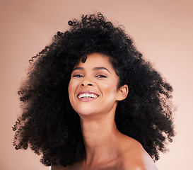 Image showing Model, afro hair or beauty portrait on studio background for aesthetic empowerment, curly texture or skincare glow. Happy black woman, face or natural hairstyle and makeup cosmetics on isolated wall