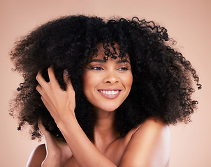 Image showing Black woman, afro hair or touching hands on isolated studio background in growth management, curly texture or skincare glow. Beauty model, happy or smile with natural hairstyle, keratin or collagen