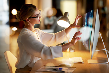 Image showing Woman, computer or hologram screen touch in night office, finance planning or investment management analytics. Business, hands or digital transformation interface on technology for future 3d fintech