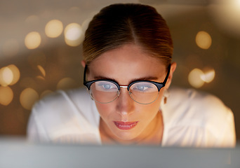 Image showing Business woman, face and reading on computer, focus and working, editor and research with bokeh overlay. Female in office, data analysis and check article for blog or read email, review for feedback