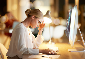 Image showing Business woman, headache or computer hologram screen in night office for finance planning stress, insurance fail or stock market loss. Technology abstract, 3d or cybersecurity hack for worker burnout