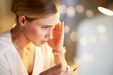 Image showing Business woman, stress and headache in night office for finance planning bokeh, insurance crisis mock up or stock market loss. Anxiety, migraine and pain for working late employee on mockup burnout