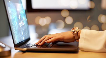 Image showing Woman hands, laptop or hologram screen in office, financial planning or investment management analytics. Zoom, keyboard or business on technology abstract 3d, futuristic interactive budget or fintech