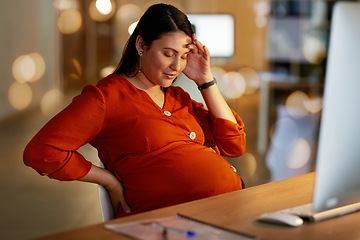 Image showing Pregnant, headache and business woman in office for working on project, strategy deadline and planning. Maternity leave, pregnancy and tired female worker with fatigue, stressed and burnout at desk