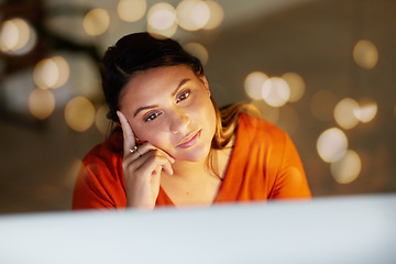 Image showing Business woman, computer or thinking in night office bokeh or financial strategy, investment growth goals or finance target. Working late, technology or worker ideas on mockup in evening budget audit