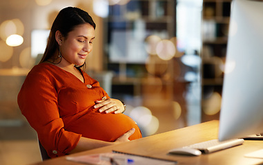 Image showing Pregnant, office and happy business woman on computer working late on project, website research and planning. Corporate, pregnancy and female worker happy, hope and excited for future baby at night