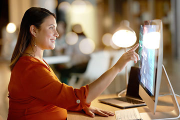 Image showing Web design, connection and pregnant woman with a computer hologram for research at night. 3d coding, analytics and programmer typing on a holographic screen from a pc for programming and development