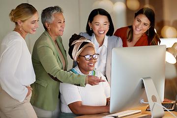 Image showing Computer, management and a business woman with her team, laughing while working in collaboration at the office. Teamwork, diversity and coaching with a senior female manager training staff at work