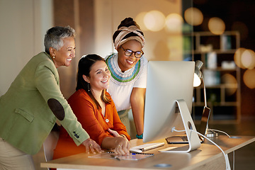 Image showing Women, business and creative collaboration on computer at night in office for teamwork, planning or design. Lady, partnership or designer team coworking on online project, vision or proposal strategy