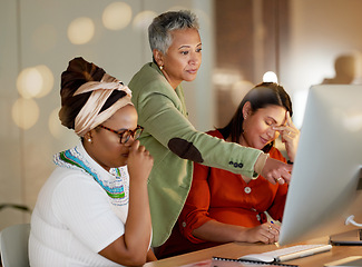 Image showing Stress, business people and fail, mistake or error on computer with women and manager in office. Deadline, glitch and startup failure by ladies with anxiety, email or bad news while working at night