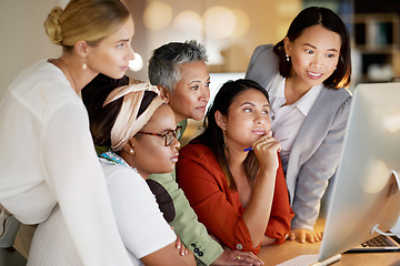 Image showing Business, creative and women collaboration on computer at night in office for teamwork, planning or design. Lady, partnership or designer team coworking on online project, vision or proposal strategy