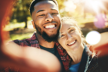 Image showing Love selfie, couple and portrait smile at park outdoors, enjoying fun time and bonding together. Interracial, romance and face of black man and woman taking pictures for happy memory or social media.