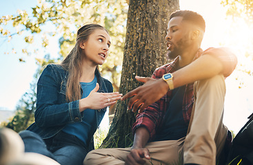 Image showing Conversation, argument and interracial couple in conflict in a park for communication about divorce. Angry, fight and black man and woman speaking about a relationship problem on a date in nature