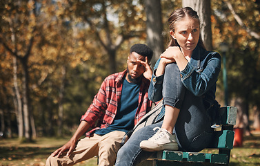 Image showing Couple, hiking and argument in forest about location, direction or cheating confession on nature background. Divorce, conflict and man with woman in crisis while lost in the woods in Germany together