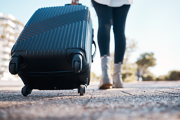 Image showing Travel, road and woman with suitcase walking to destination for weekend, holiday and vacation. Traveling, journey and feet of girl with luggage in urban street to explore, adventure and tourism