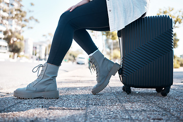 Image showing Travel, city and shoes of woman with suitcase ready fpr destination holiday, weekend and vacation. Traveling, journey and feet of girl in urban street with luggage waiting for cab, taxi or transport
