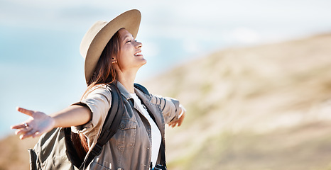 Image showing Woman, tourist and smile for travel freedom, hiking adventure or backpacking journey on mountain in nature. Female hiker smiling with open arms enjoying fresh air, trekking or scenery on mockup