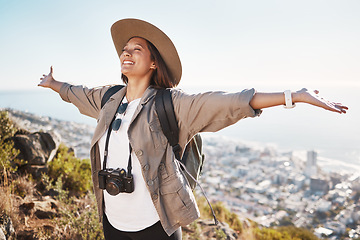 Image showing Travel, freedom and woman photographer in nature, happy and relax on adventure and cityscape background. Smile, photography and girl student backpacking, sightseeing and on solo trip in South Africa
