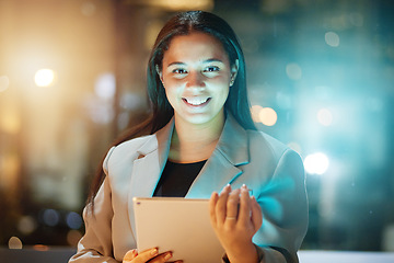 Image showing Corporate, woman and tablet in office at night for planning, research or web design technology. Young worker, mobile touchscreen mockup and blurred background with bokeh, code app and dark portrait