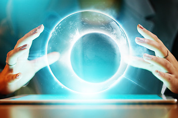 Image showing Closeup, woman with tablet and hands with hologram, global communication and networking for business growth. Zoom, female developer and web designer with device, holographic, data analytics and graph