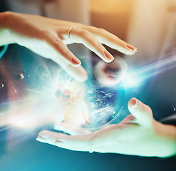 Image showing Hands, 3d hologram earth and office in night for global cybersecurity, web design and digital ux for woman. Holographic planet, digital transformation and networking with bokeh light and mock up